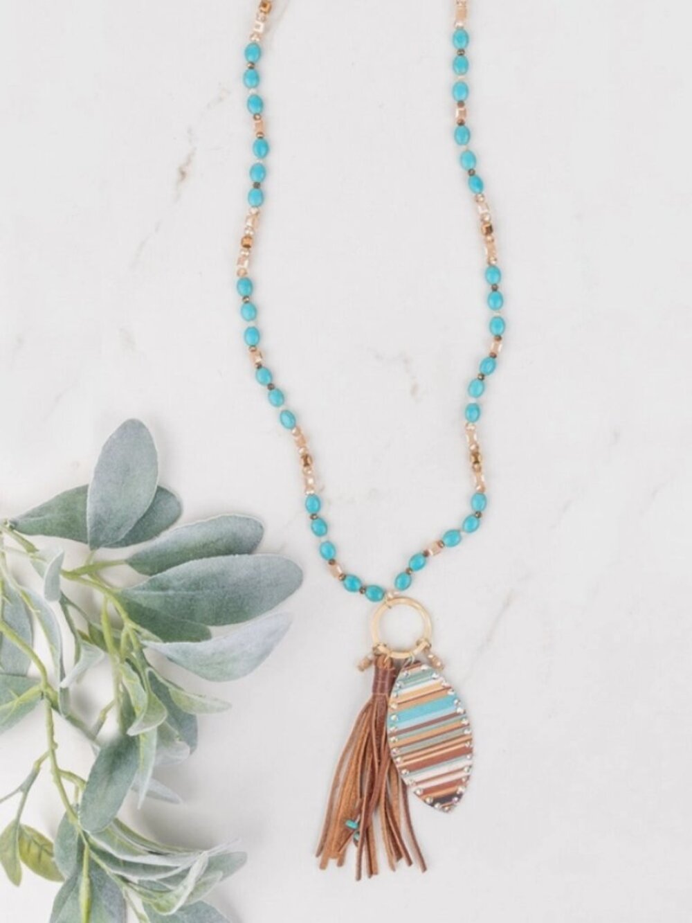Westward Bound Necklace — Turquoise & Gold Beads with Leather Tassel